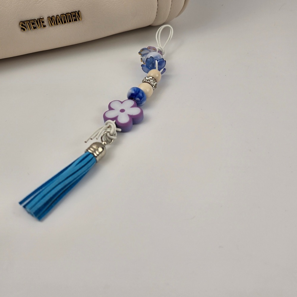 Handmade Beaded Flower Tassel Bag Charm Blue Purple Floral Keychain Accessory
